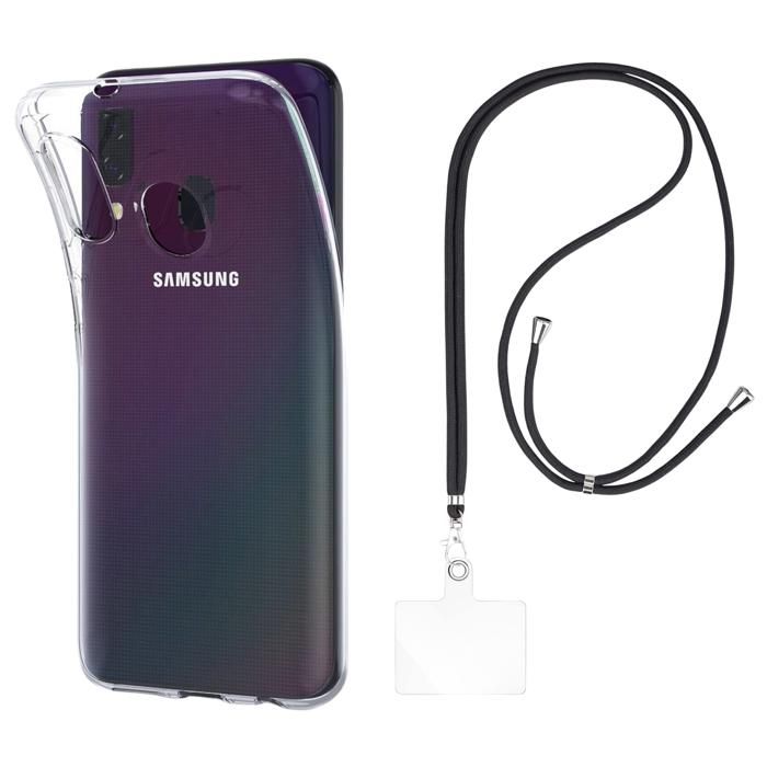 Coque et tour de cou pour Samsung Galaxy A40 - TPU Souple Transparent Cordon Noir réglable Phonillico®