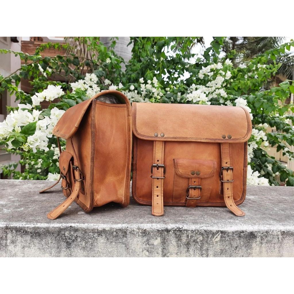 Leather Motorcycle Side Pouch 2 Panniers Saddle Genuine Vintage Bags Saddlebag