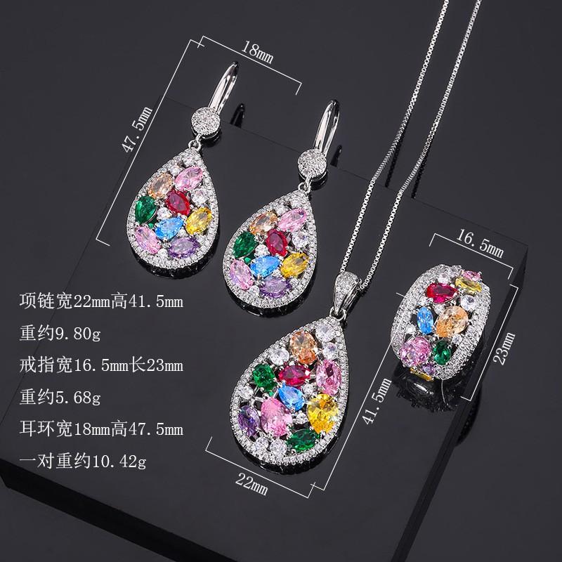 Womens Rainbow Jewelry Set Tourmaline Necklace Earrings Zircon Ring Fashion Daily Wear