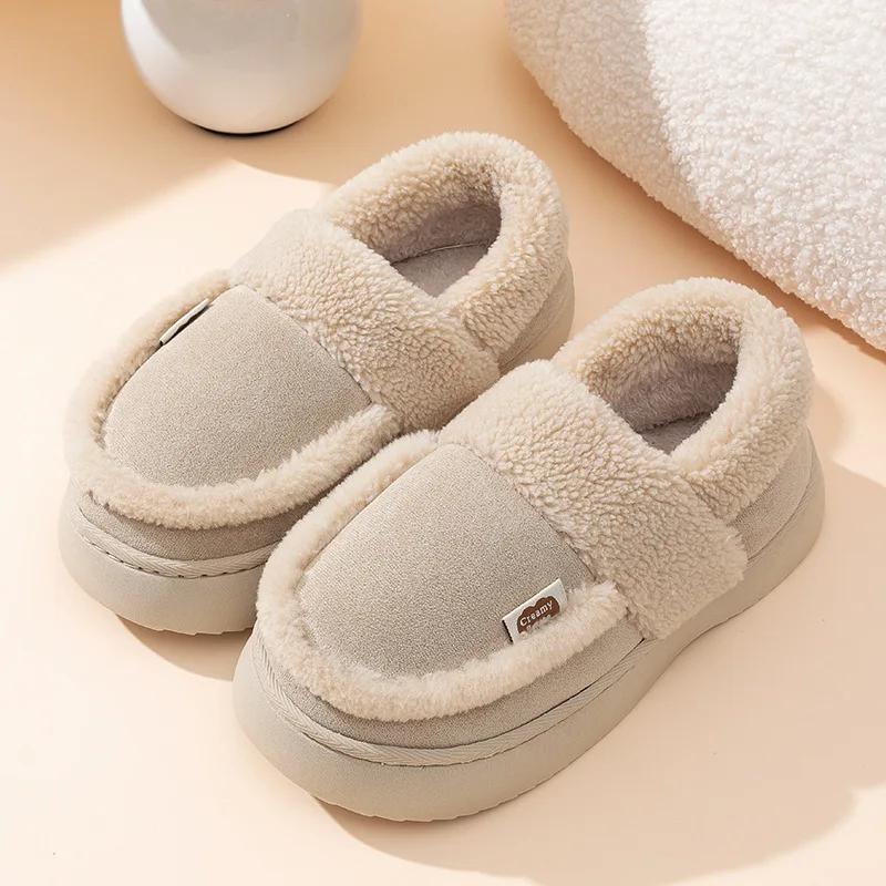 Модные женские плюшевые теплые домашние тапочки на платформе, зимние новые мягкие удобные домашние хлопковые тапочки для пола, тапочки на танкетке для девочек, пушистые тапочки для дома