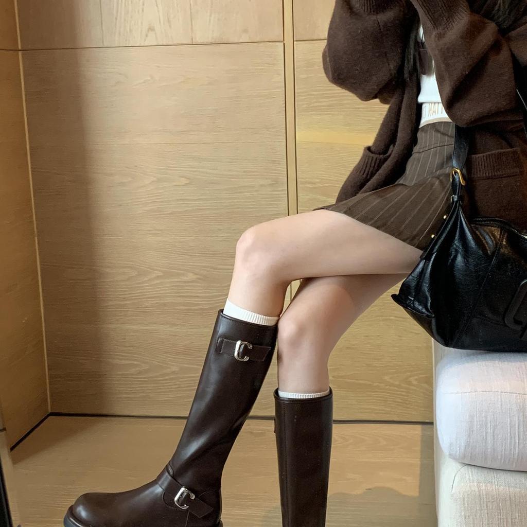 Cowhide Version~ The Same Round Head C-Buckle Martin Boots Thick Heel But Knee Mid-Tube Knight Boots Women'S Boots