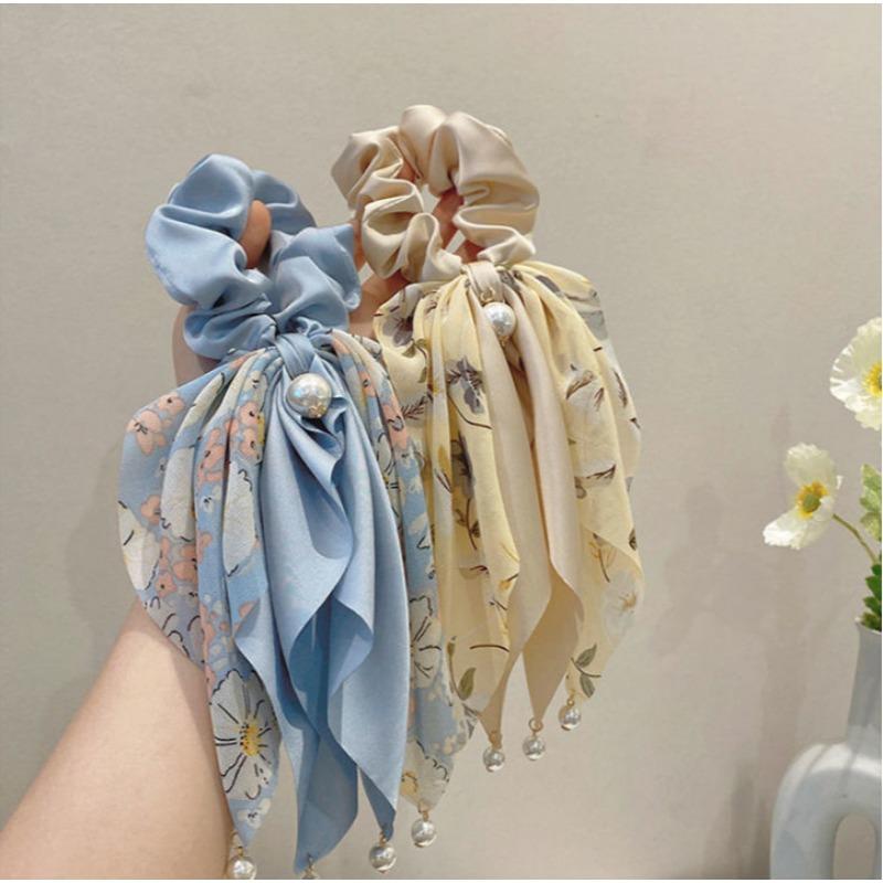 Элегантный принт, длинные резинки для волос с лентой для женщин, эластичный атласный шарф для хвоста, банты для волос для девочек с жемчужной резинкой для волос в стиле бохо