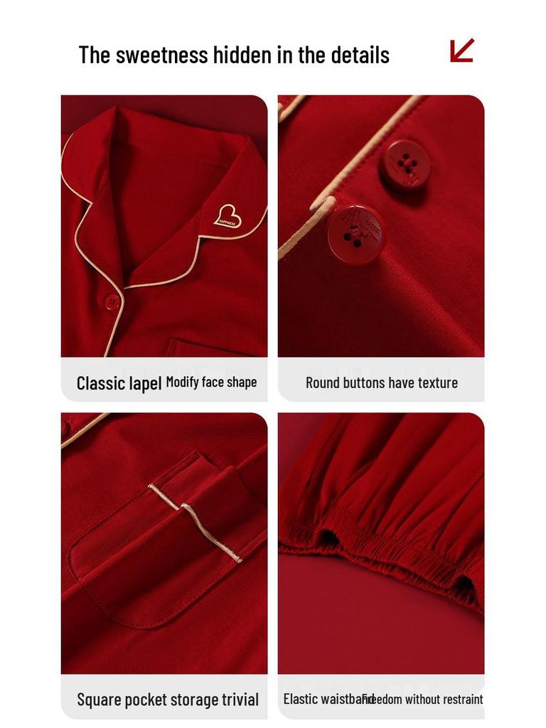 Радость вместе: Романтические красные хлопковые парные пижамы - Свадебные праздничные, удобные и долговечные.