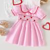 Girls' Heart Embroidery Dress with Doll Collar & Puff Sleeves