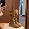 Leather Version~ Retro Suede Crossed with Flat Bottom Pleated Stacking Boots Women's Big Tube Circumference Thin Inner Height Increase Medium