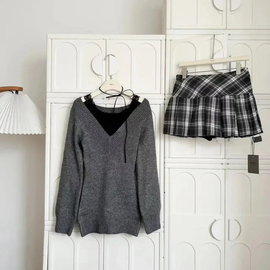 Французский Ретро Элегантный Y2k Комплект из 3 предметов Женский Винтажный Однотонный Свитер с Длинным Рукавом + Кружевной Повседневный Жилет + Клетчатая Шикарная Юбка Осень 2024