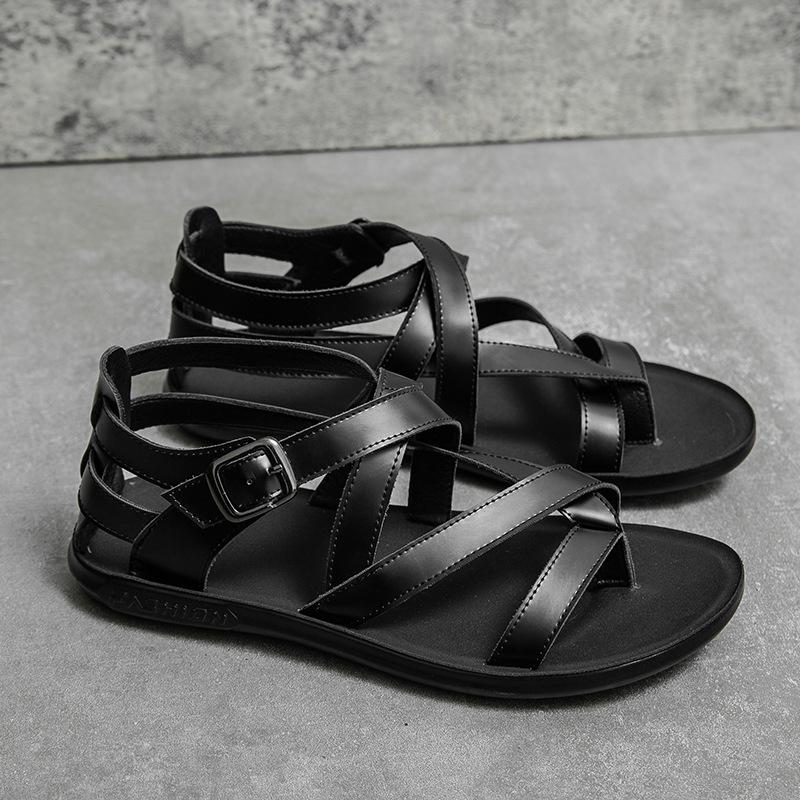 2025 Summer Classic Black/White Men Rome Genuine Leather Roman Sandals Gladiator Breathable Sandals Romanas Hombre Flat Sandles