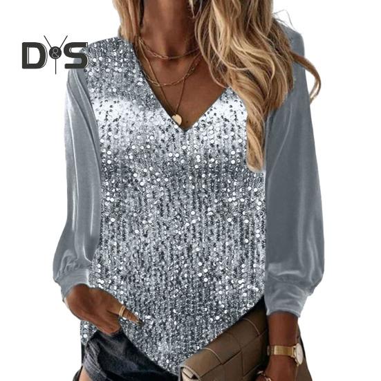 Fall Spring Women Top Shiny Sequin V Neck Long Sleeve Patchwork Loose Pullover Soft Breathable Mid Length Lady Commute Shirt Blouse