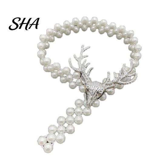 Stretchable Curtain Tiebacks Deer Head Tieback, Faux Pearl Beaded Stretch Holder, for Drapes Adjustable Holdback Bedroom Living Room Window Door Gauze