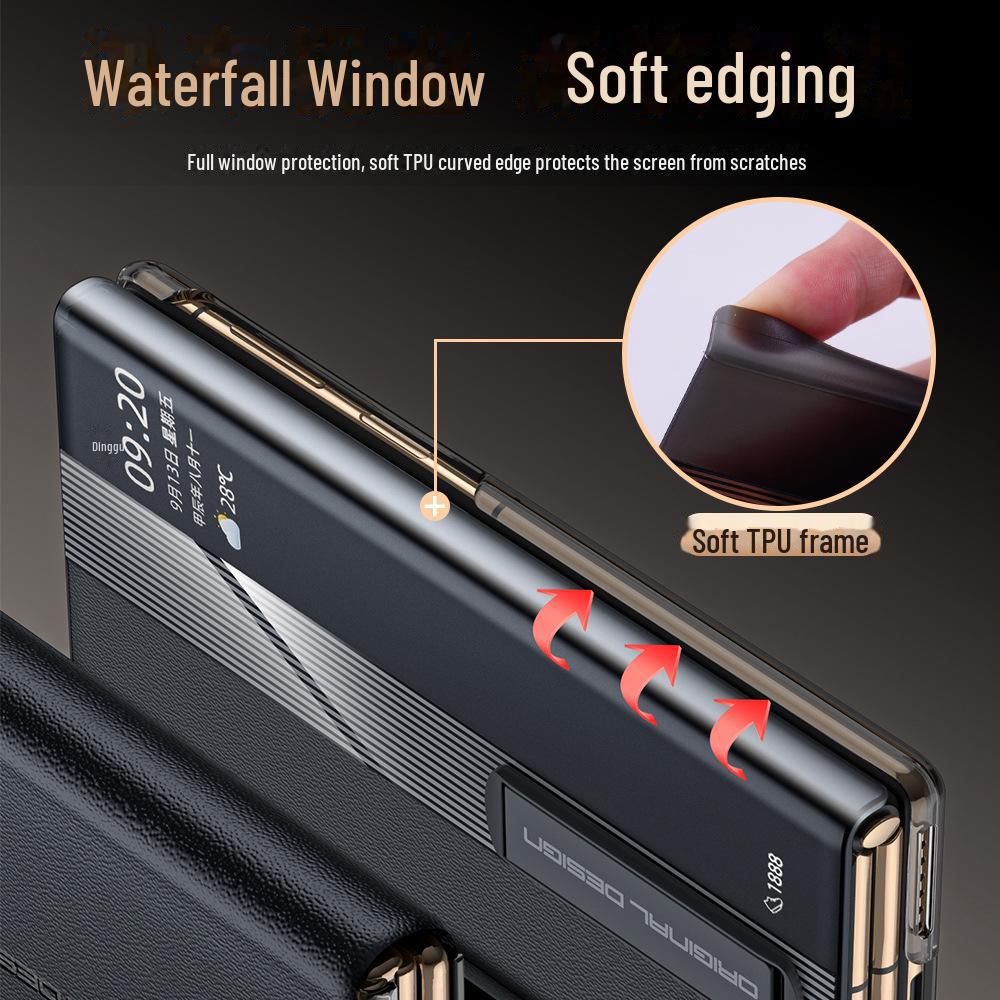 Кожаный чехол Huawei MateXT: Тройной чехол из натуральной коровьей кожи наппа с перфорацией, умным окном и кронштейном.