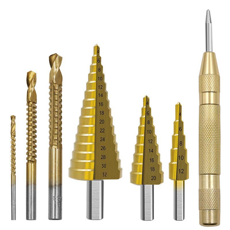 High-speed Steel 7-piece Step Drill Set with Slot Saw, Center Punch, Triangular Handle - Perfect for Woodworking Projects.