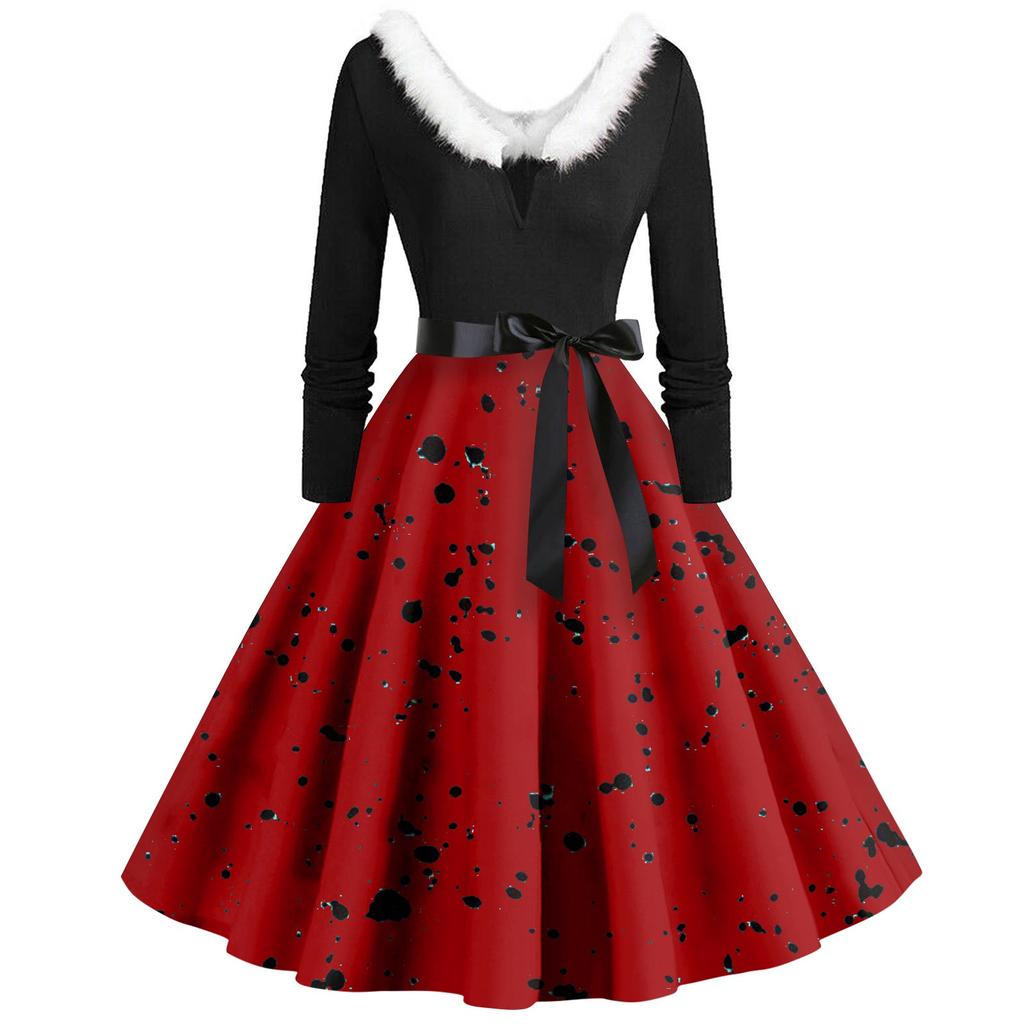 Женское повседневное и модное платье с длинными рукавами, V-образным вырезом и принтом в горошек, застегивающееся на молнию