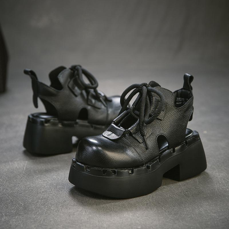 Johnature Ретро Сандалии из Натуральной Кожи с Вырезами Круглый Носок На Шнуровке Толстая Подошва Женская Обувь