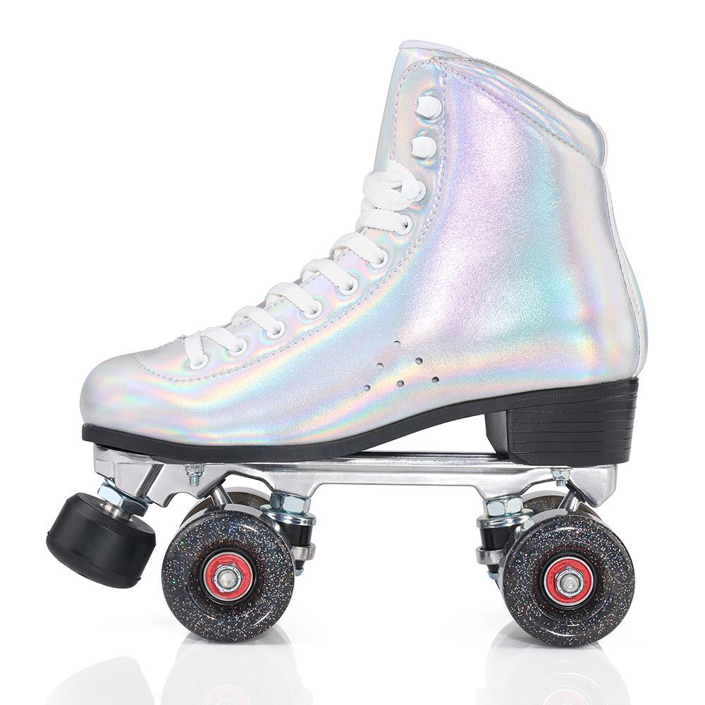 New In-Stock Double-Row Roller Skates with Laser Fabric, Adjustable Brake, and PU Flashing Wheels for Ice Rink.