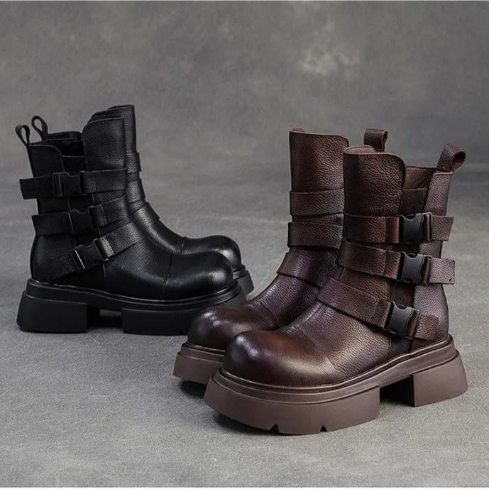 Johnature Plush Warm British Style Mid-calf Boots Genuine Leather Thick Soled Women's Shoes