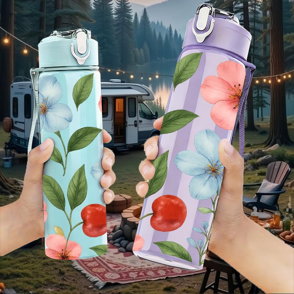 1PC Spring Wild Flower Pattern 750ml Color Plastic Sports Water Bottle Leakproof Flip Straw Lid Suitable for Sports Office Home Use