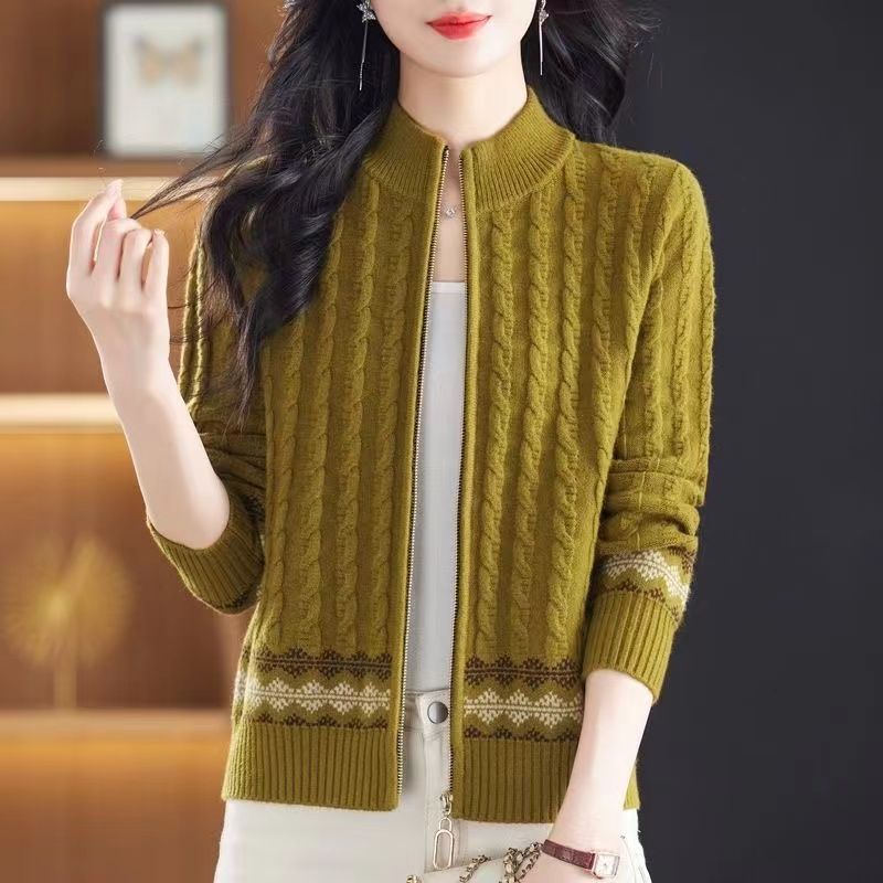Осенний свободный трикотажный кардиган с воротником-стойкой для женщин, новый стиль, свитер для мам среднего возраста