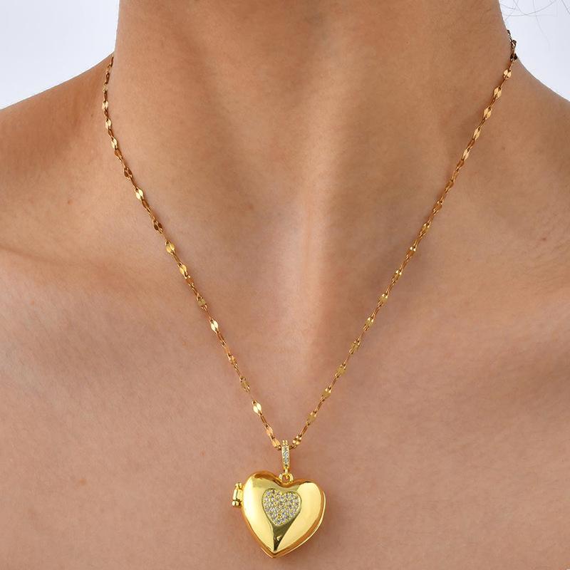 Gold-Tone Women's Copper Heart Locket Necklace with Stainless Steel Chain