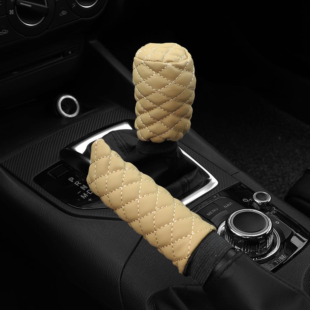 2 Sets PU Leather Stereo Embroidery Car Handbrake Cover Handle Set Manual Gear General Automotive Supplies