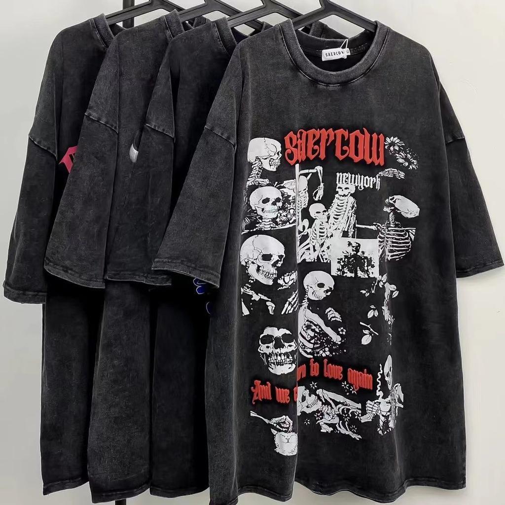 Y2K Vintage Gothic Skull Graphic Print Футболка женская свободного покроя из чистого хлопка с коротким рукавом, уличная женская укороченная футболка