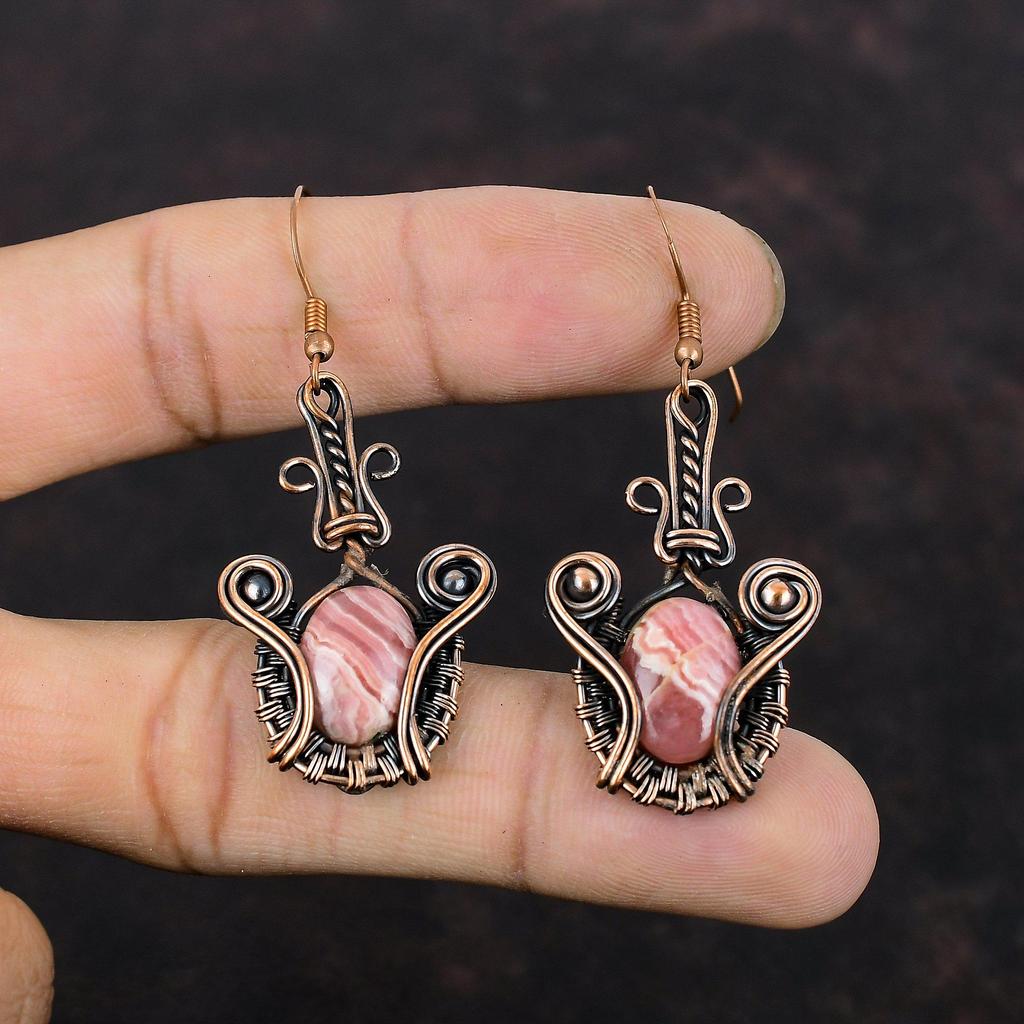 Серьги из родохрозита, медные серьги с проволочной обмоткой, драгоценные камни, медные украшения, серьги ручной работы, уникальные стильные серьги для подарка, ювелирные изделия с проволочной обмоткой