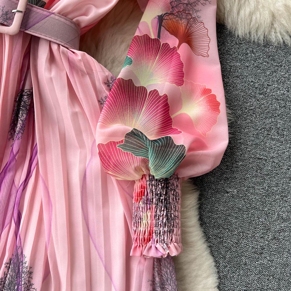 French Chic Dress for Women V-neck Plant Printed Lantern Sleeve Pleated Long Dresses Autumn Dress Female A-line