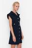 Women's Style Dress Navy Blue Button Detailed Gabardine Mini Woven Shirt Dress
