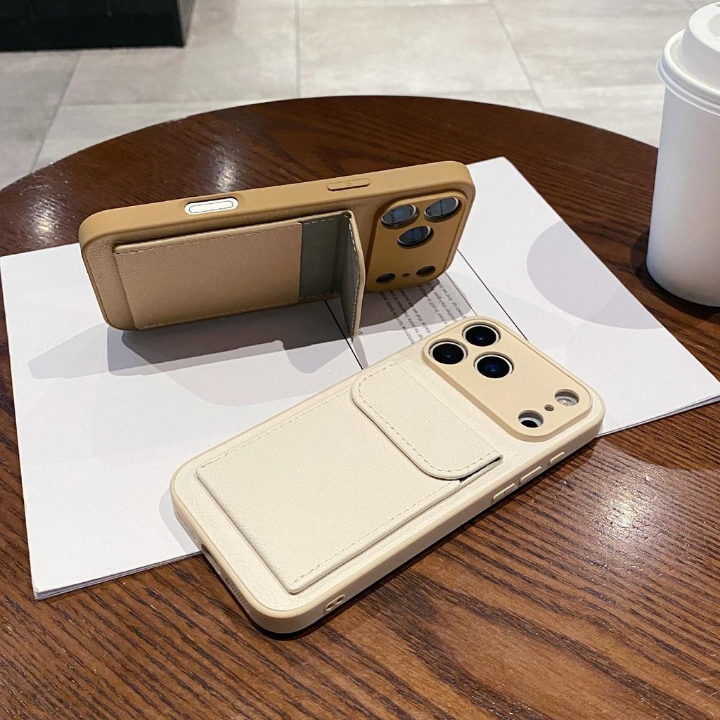 Чехол для iPhone 17 Pro Max, однотонный, из ПУ-кожи и ТПУ, с держателем для карт и подставкой