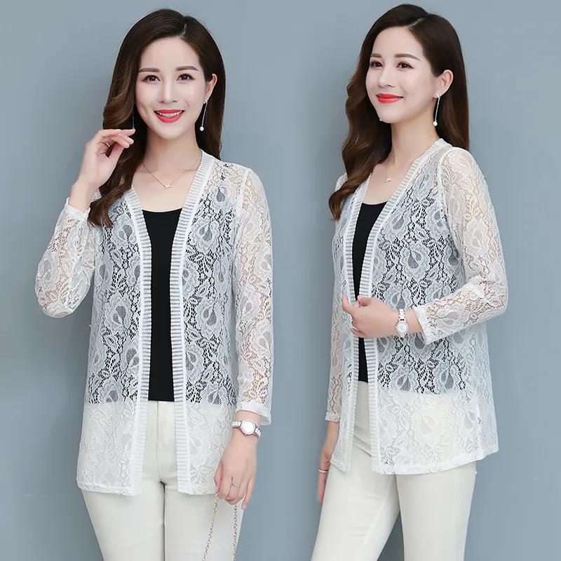 XL-5XL Spring and Summer Plus Size Women's Tops Mid-length Lace Cardigan Thin Coat Casual Long-sleeved Sun Protection Clothing