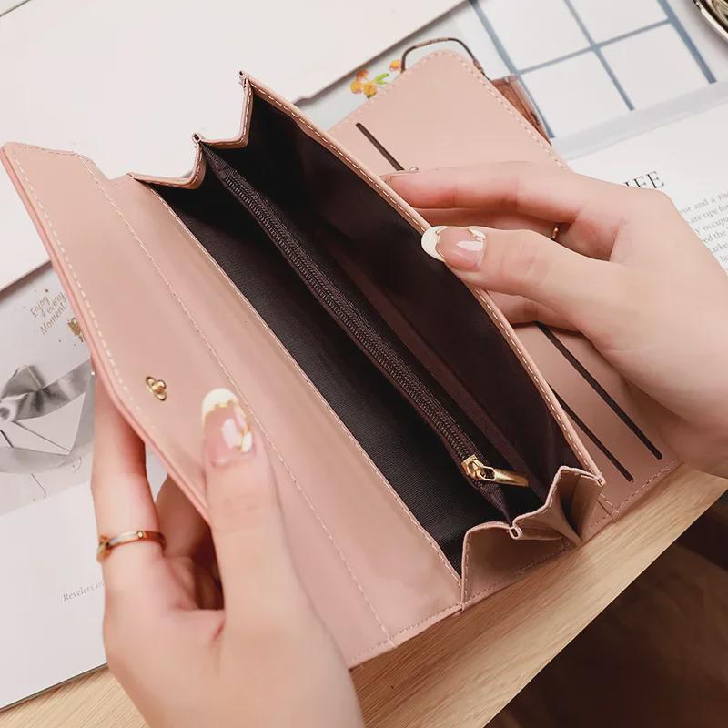 Женский длинный модный кошелек с тремя отделениями и отделениями для карт, из промасленной вощеной кожи в корейском стиле, большой вместимости.