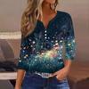 Women's Fashion Casual Flowers Print V-Neck Decorative Button Three-quarter Sleeve T-Shirt Top