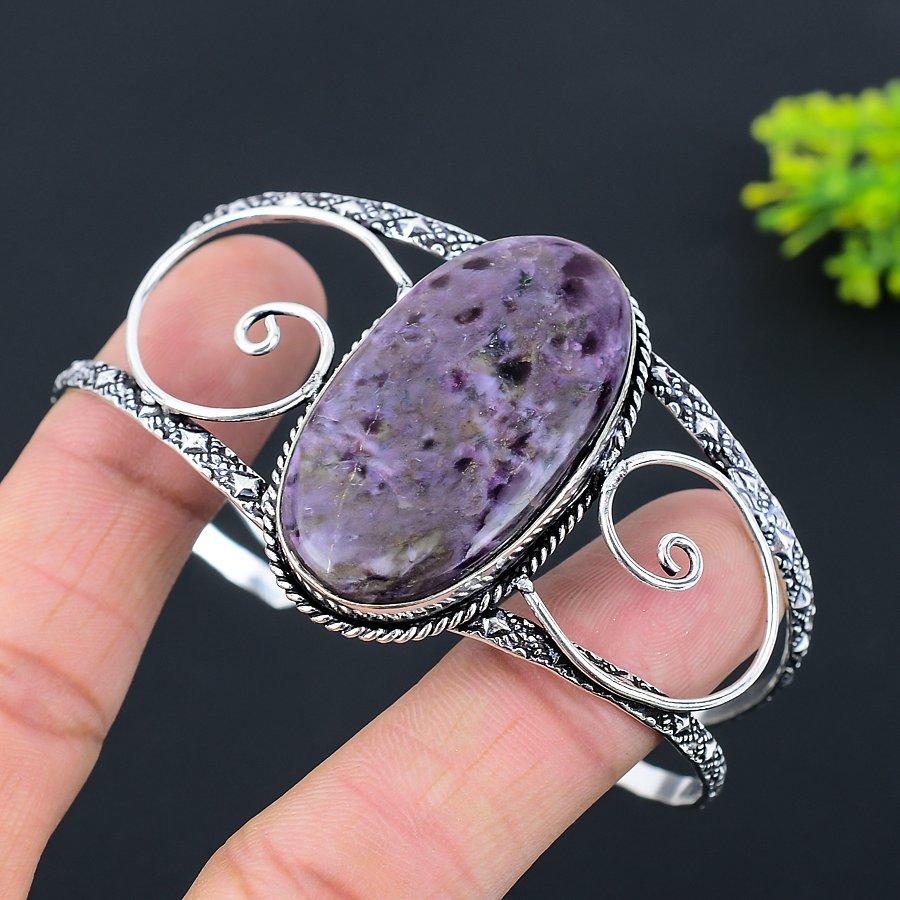 Натуральный русский драгоценный камень чароит из стерлингового серебра 925 пробы, браслет-манжета, регулируемый. о3к90