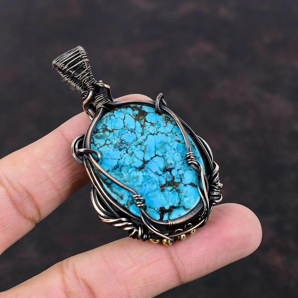 Тибетская бирюза кулон Кулон, обернутый медной проволокой Кулон ручной работы Красивые украшения из медной проволоки Подарок для нее Украшения с бирюзой