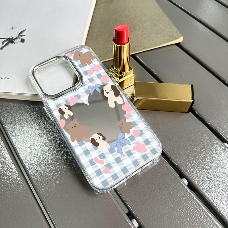 Plaid love mirror iPhone mobile phone case cartoon bear bow apple 13PM anti-drop protective case