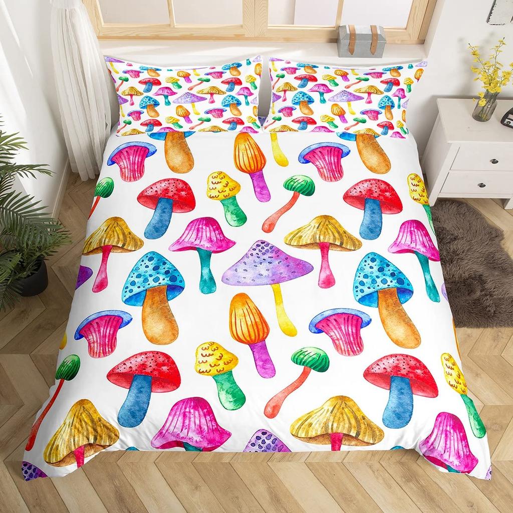 Mushroom Duvet Cover Watercolor Fungus Bedding Set Wild Botanical Comforter Cover Set Retro Leaf Pattern Polyester Quilt Cover