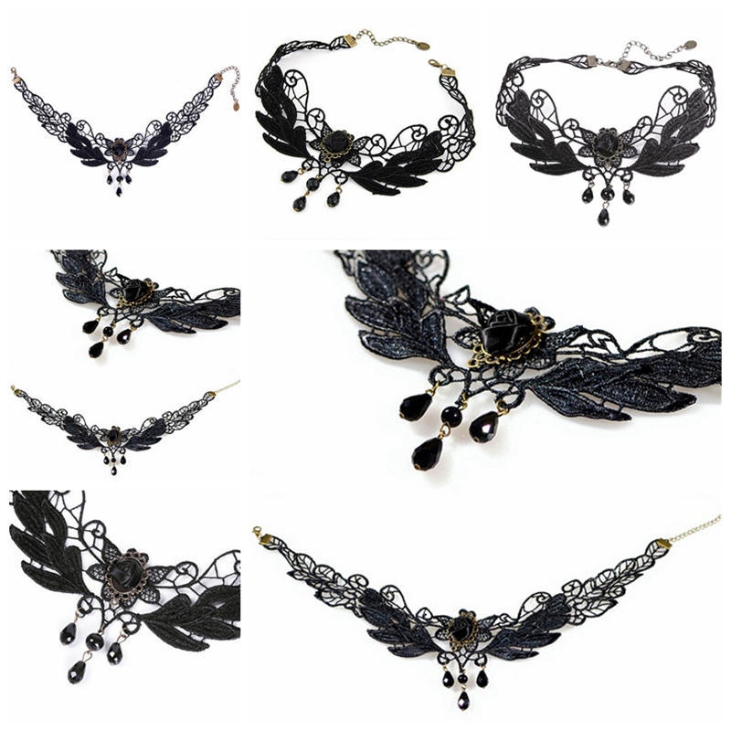 Женское ожерелье-чокер с подвеской в виде капли черной розы в стиле Лолиты