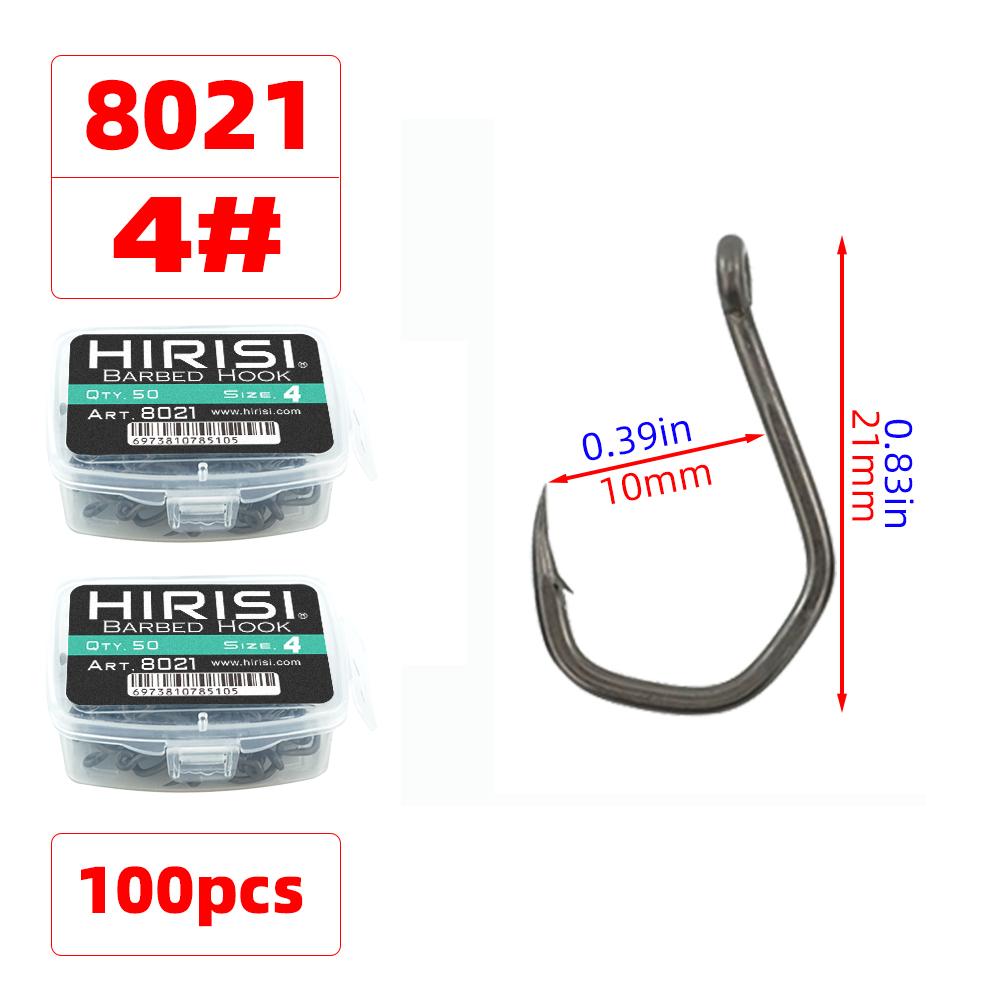 Hirisi 50 шт. Рыболовные крючки с бородкой и ушком, покрытые PTFE, из высокоуглеродистой нержавеющей стали, 8021, Рыболовные аксессуары
