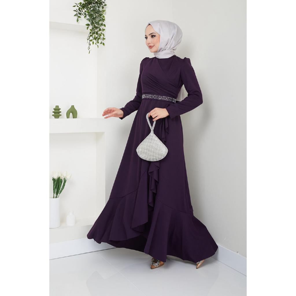 Women's Clothing Evening Dress Fashion Skirt Flounced Belt Stoned Hijab Evening Dress 2497 Black