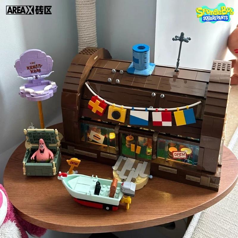 Areax Spongebob Squarepants Series Crab Burger King Restaurant Pineapple House Building Blocks Toy Collection Model Gift