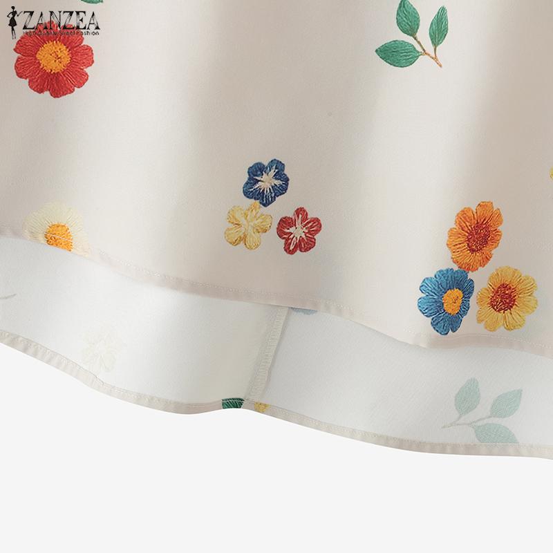 ZANZEA Женская повседневная блузка с круглым вырезом, цветочным принтом, летняя, с коротким рукавом