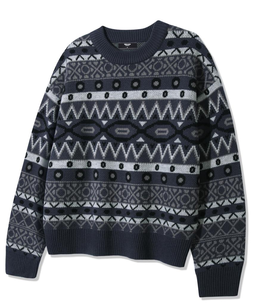 TRILLION Винтажный жаккардовый джемпер Fair Isle с круглым вырезом_Темно-синий