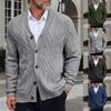 Men's Solid-Color Open-Front Cardigan With Turn-Up Collar, Long Sleeves And Cable-Knit Pattern Knitted Coat