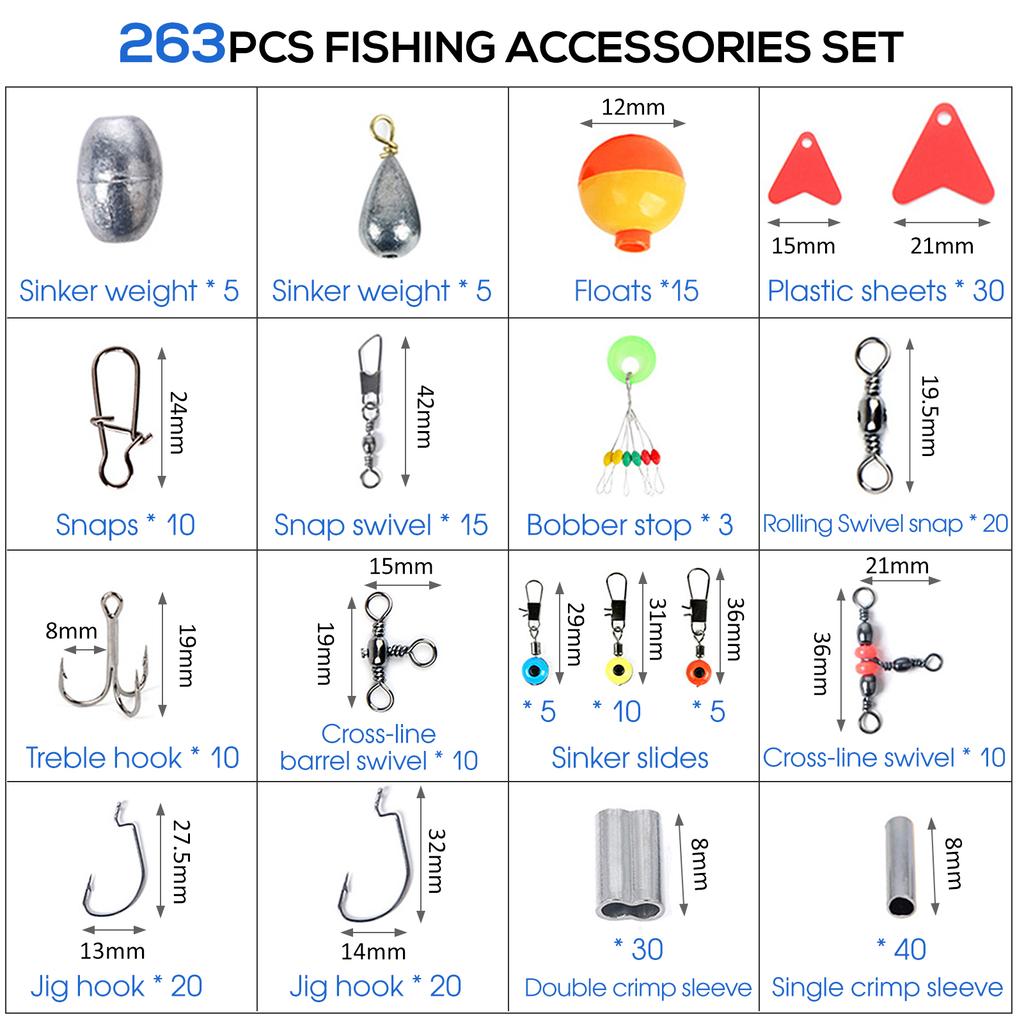 263pcs/Set Fishing Accessories Set with Tackle Box Including Plier Jig Hooks Sinker Weight Swivels Snaps Sinker Slides