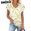 Women's Spring Summer Print V-neck Short-sleeved T-shirt Loose Casual Top