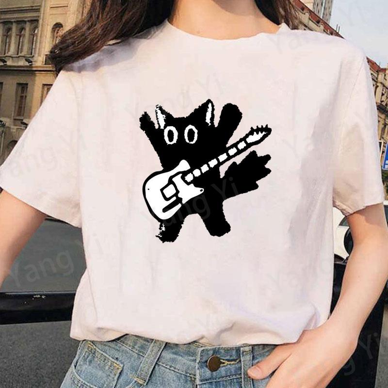 Fashion Unisex Tshirt Guitar Black Cat Print Designed Unisex Women Shirt Summer Casual Oversized Loose Couples TShirts Street
