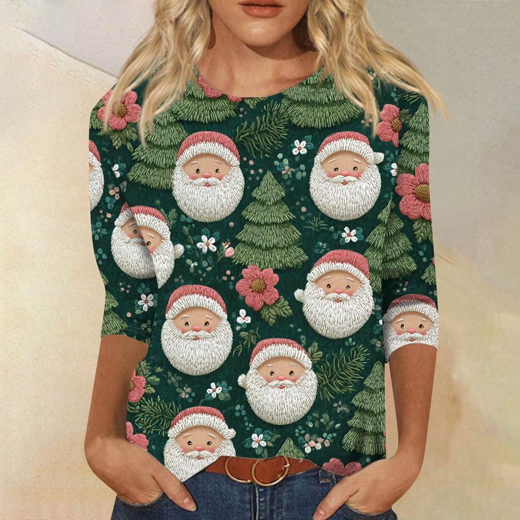 Women's Fashion Casual Round Neck 3/4 Sleeve Loose Printed T-Shirt Ladies Top