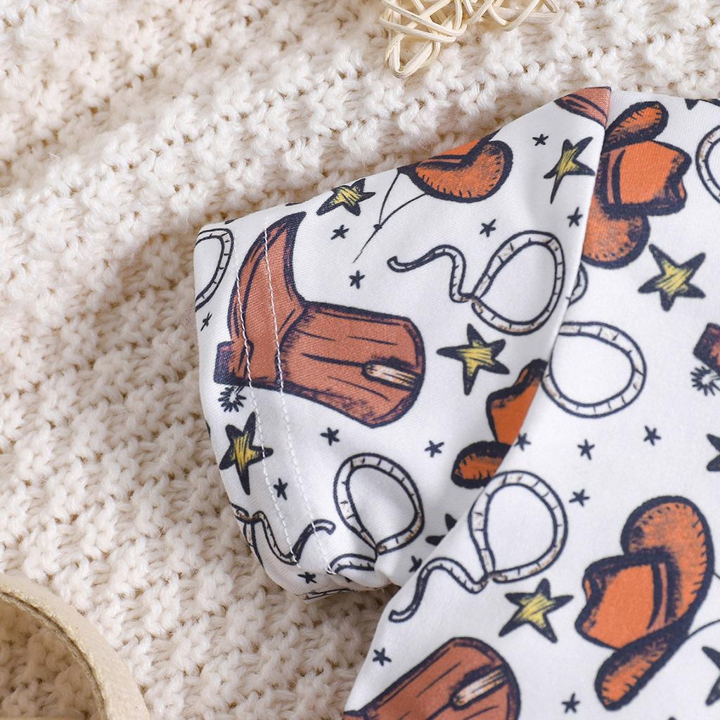 Infant Baby Boy Cute Cowboy Hat Print Short Sleeve Casual Style Jumpsuit