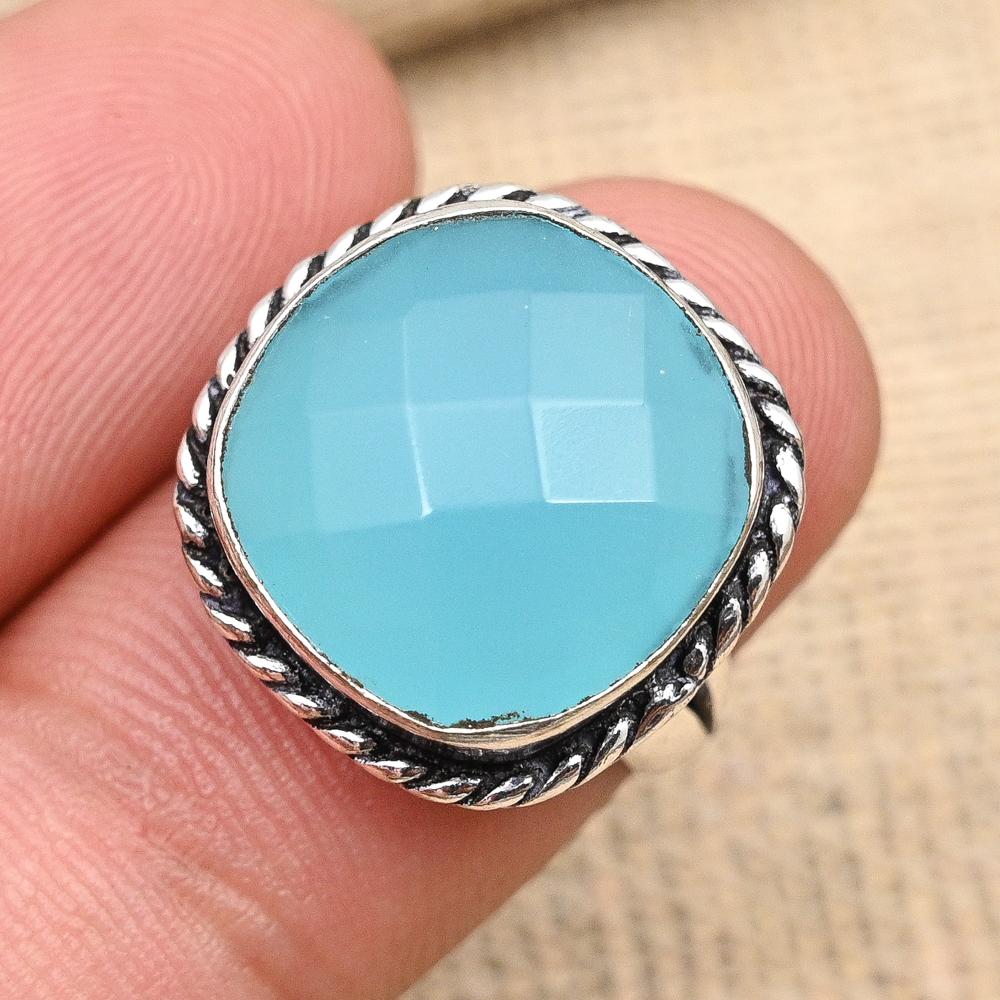 Aqua Chalcedony Gemstone Handmade Solid 925 Sterling Silver Ring Jewelry
