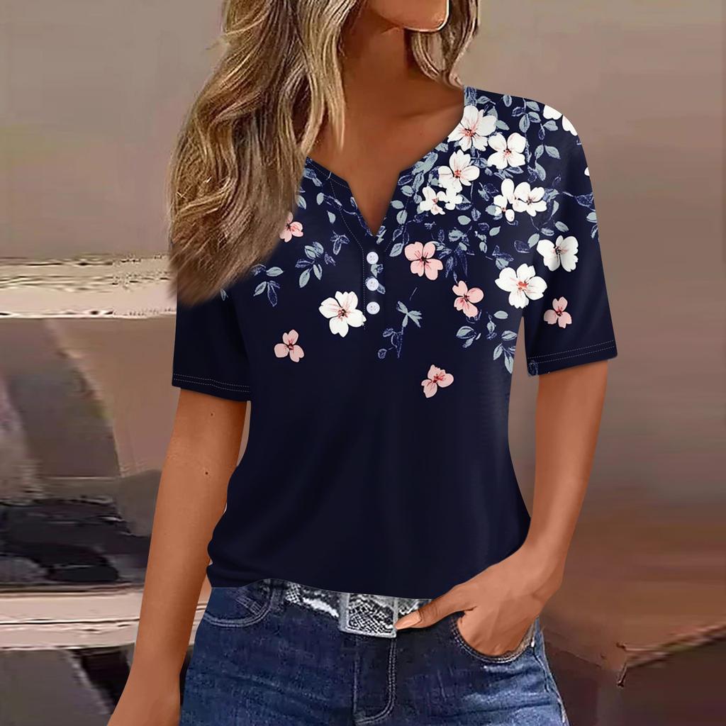 Женская повседневная футболка с v-образным вырезом и короткими рукавами, декоративная футболка на пуговицах, топ
