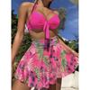 Ladies Swimsuit Biquini Outfits Summer Halter Bra+Thong+Skirts Three Piece Bathing Suit Sexy Flower Print Beach Bikini For Women